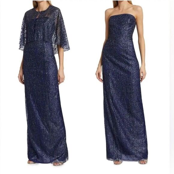 Marchesa Notte Embellished Sequin Column Gown Navy Size 14 - Picture 1 of 10